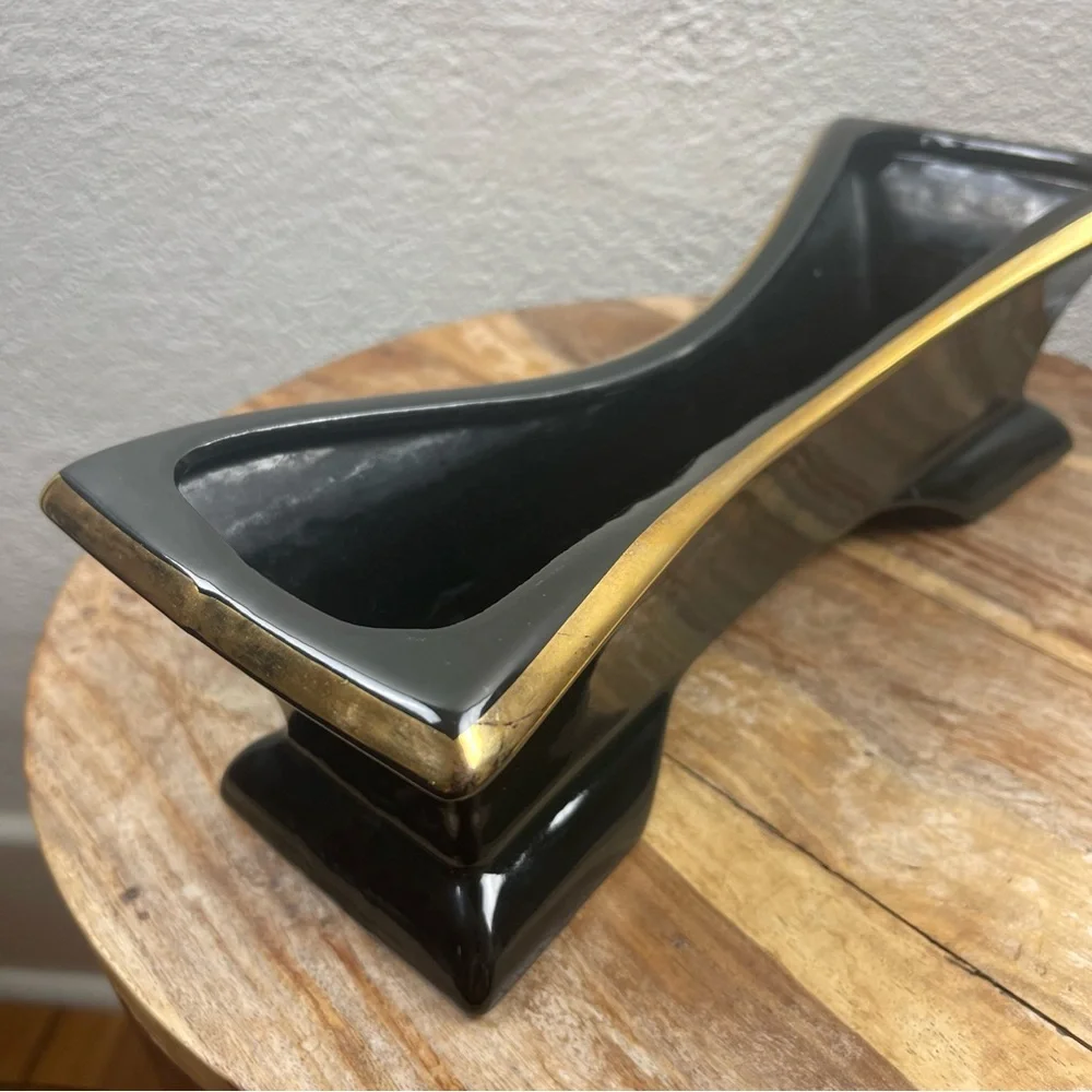 Vintage l 50s Mid-Century Mod Kitsch Glossy Black Gold Trim Long Footed Planter
